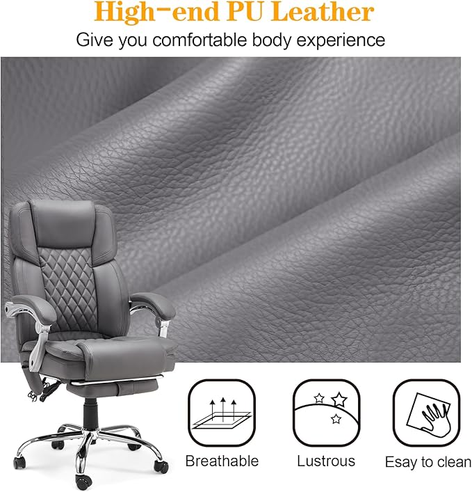 HOMREST 6-Point Massage Office Chair with Heat, Executive Office Chair with Footrest, Leather Computer Desk Chair with 135°Reclining Backrest for Home Office, Grey