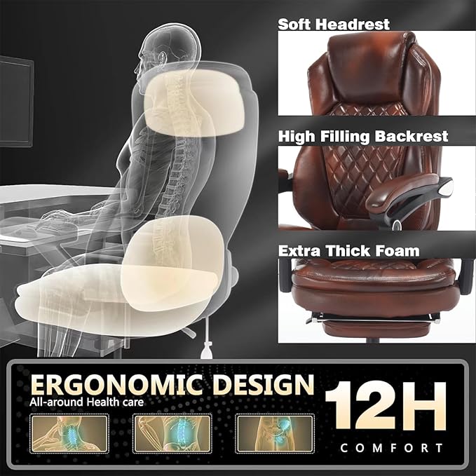 400lbs Reclining Office Desk Chair with Footrest, Managerial Executive Chair Lounge Chair for Office, Plus Size Brown Leather Recliner Office Chairs