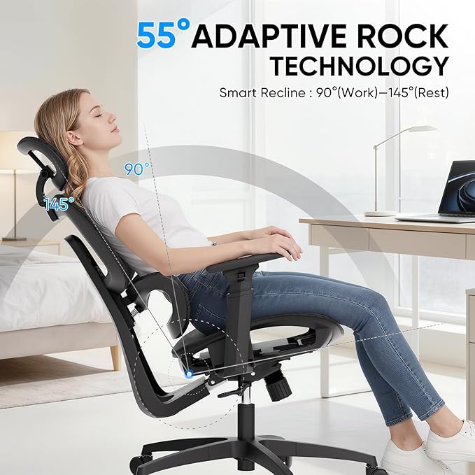 MoNiBloom Ergonomic Office Chair, High Back Mesh Desk Chair with Adjustable Headrest & 3D Armrests, Lumbar Support, 90–145° Recline, Height Adjustable Swivel Rolling Computer Chair for Office, Black