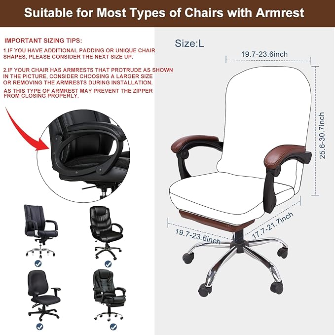 NeColorLife Velvet Office Chair Cover with Armrest Covers - Stretchable High Back Desk Computer Chair Slipcover for Large Rotating Boss Chairs (Large,Ivory White)