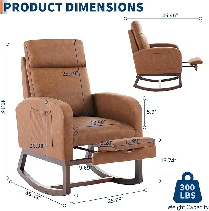 Rocking Chair Nursery with Foot Rest, Modern PU Upholstered Reading Glider Rocker Accent Armchair with High Backrest, Padded Seat, Side Pocket, for LivingRoom, Bedroom, Baby Room