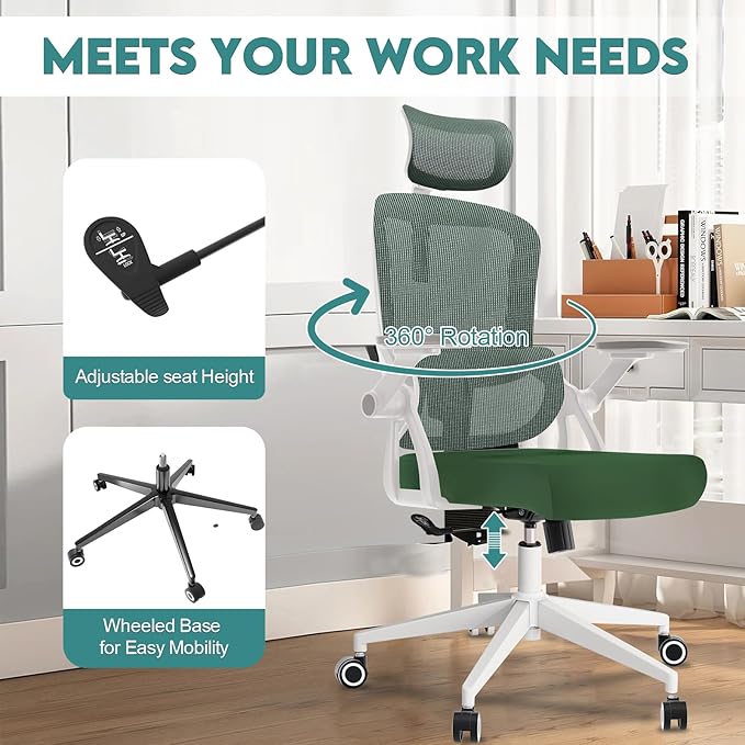 350 LBS Ergonomic Office Computer Mesh Chair - Adjustable Height Rolling Desk Chair with Flip-Up Armrests & High Back Support - Comfortable Swivel Task Chair for Home Office (01GREEN)