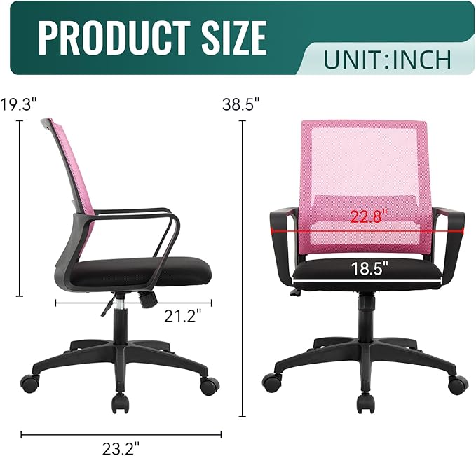 Ergonomic Desk Task Chair Mid-Back Mesh Home Office Swivel Chair Modern Executive Chair with Wheels Armrests Lumbar Support (Pink)