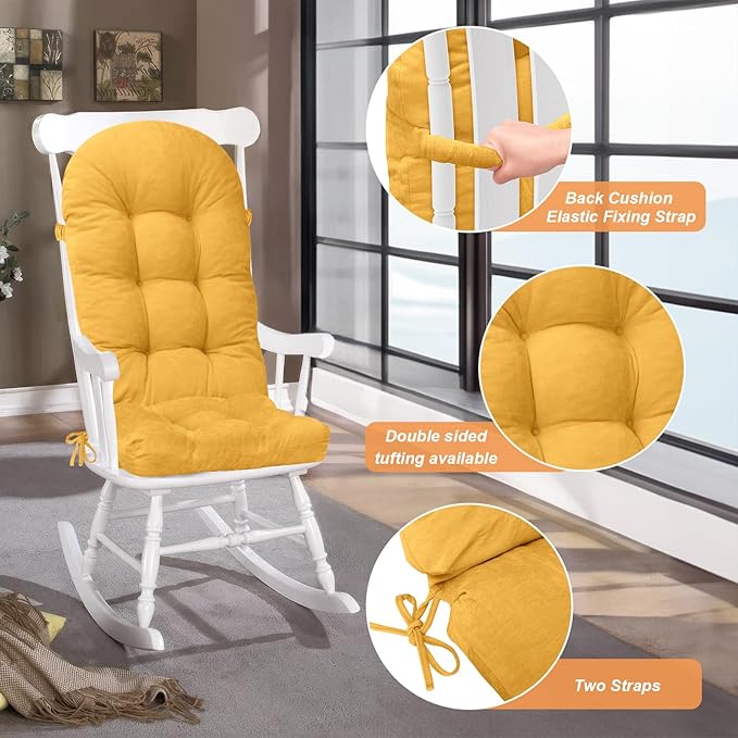 Rocking Chair Cushion - Chenille Fabric, High-Density Sponge, Durable Comfort Double-Sided Tufted Seat Pads with Ties, Chenille︱Yellow, 44x19x4 inch