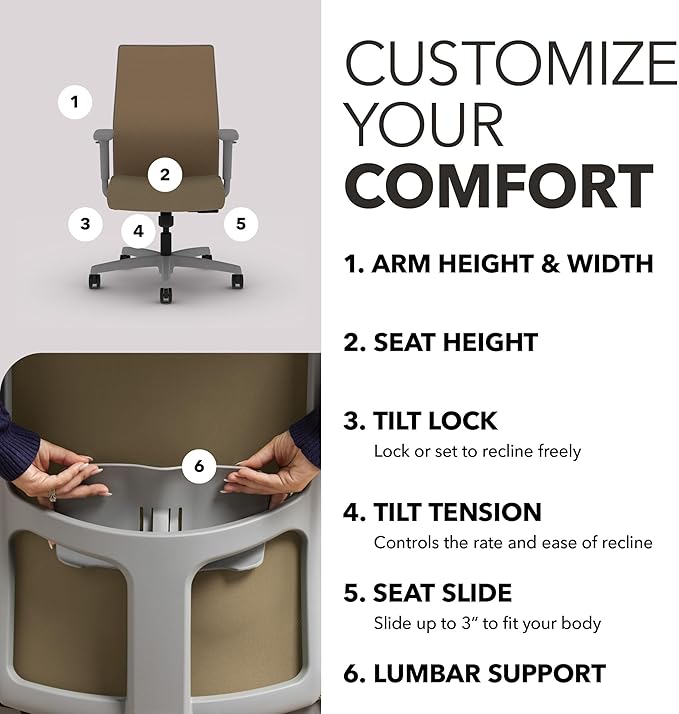 HON Ignition 2.0 Mid Back Task Chair, Spectrum Mesh, Standard Synchro-Tilt Control, Office Chair with Lumbar Support, Height and Width Adjustable Arms, Titanium Frame, Quicksand
