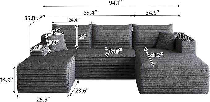 94" Darkgrey Fluffy Couch with Ottoman for Living Room, Corduroy No Bones Sectional Couch,Compressed Memory Foam Cloud Sofa,No Assembly Required,Right Facing Chaise,Darkgrey