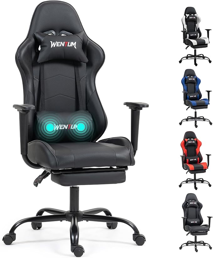 Gaming Chair with Footrest, Ergonomic PC Desk Chair with Headrest and Massage Lumbar Support, Video Game Chair w/Height Adjustable High Back for Home Office, Black