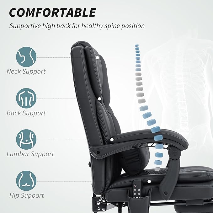 HOMCOM Massage Office Chair with Foot Rest and 6 Points Vibration, Executive Office Desk Chair with Scratch-Resistant Faux Leather, Reclining Back, Comfy Lumbar Support, Remote, Black