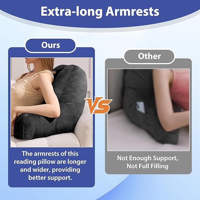 IASEAHK Reading Pillows for Sitting in Bed Adult, Back Pillow for Bed Sitting Up, Backrest Pillows with Shredded Foam for Adult&Teens, Support Pillow with Arms for Beds, Couch, Floor, 24in, Black