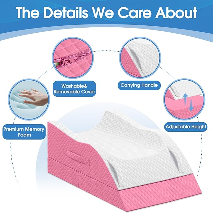 TranquilRelax Elevation Pillows for Leg After Surgery, Memory Foam Adjustable Wedge Pillow for Injury or Rest, Ankle Pillow for Sleeping Blood Circulation Pink/Double Leg