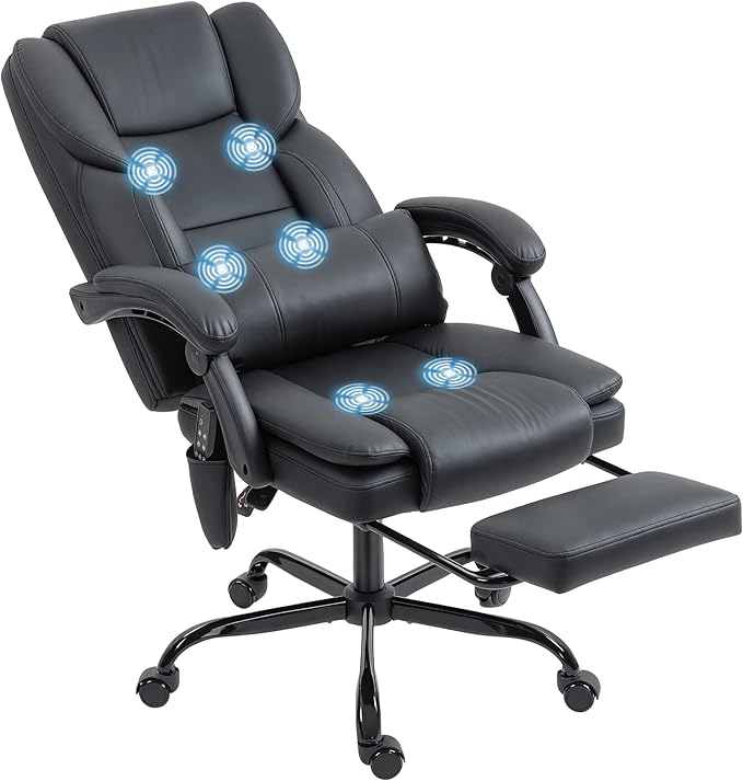 HOMCOM Massage Office Chair with Foot Rest and 6 Points Vibration, Executive Office Desk Chair with Scratch-Resistant Faux Leather, Reclining Back, Comfy Lumbar Support, Remote, Black