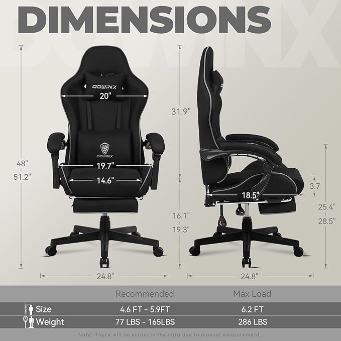 Dowinx Gaming Chair Fabric with Pocket Spring Cushion, Massage Game Chair Cloth with Headrest, Ergonomic Computer Chair with Footrest 290LBS, Black