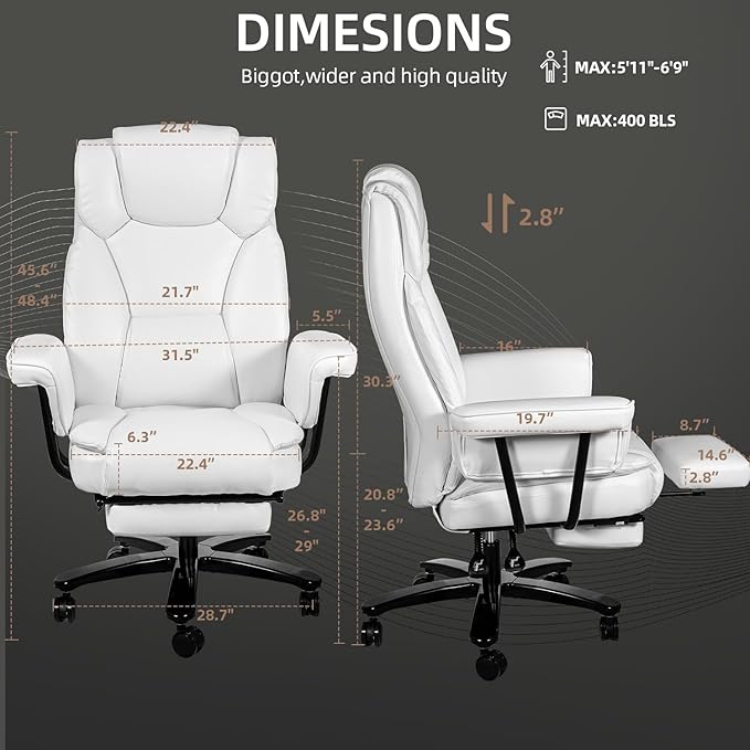Reclining Office Chair with Footrest, Big and Tall Home Office Desk Chairs 400lbs with High Back, Criss Cross Wide Seat, Heavy Duty Base, Pu Leather, White