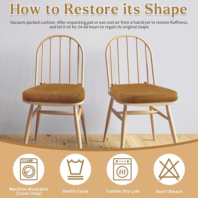 2 Pack Brown Chair Cushions with Ties Removable Covers, D-Shape Dining Kitchen Chair Seat Pads Non Slip 17"x16"