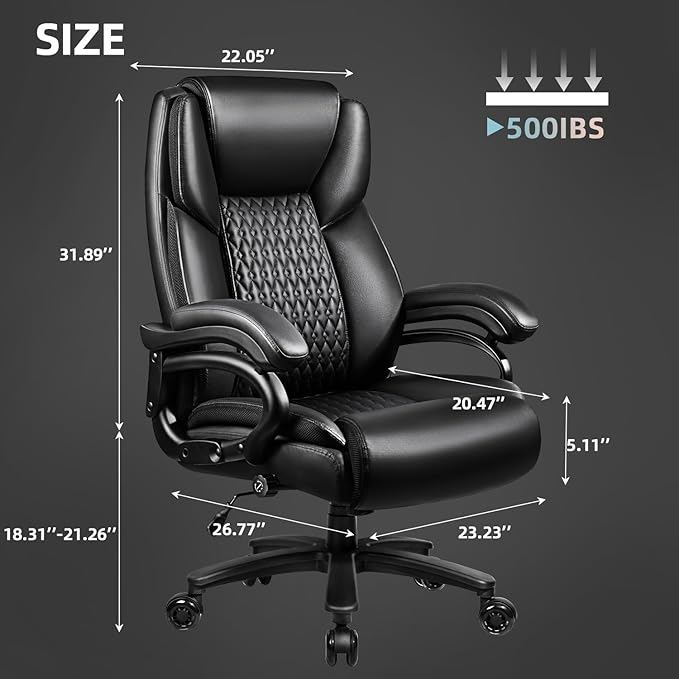 VITESSE 500lbs Heavy Duty Office Chair for Low Back Pain Relief, Big and Tall Office Chair with Ergonomic Lumbar Support, High Back Executive Chair with Quiet Rubber Wheel