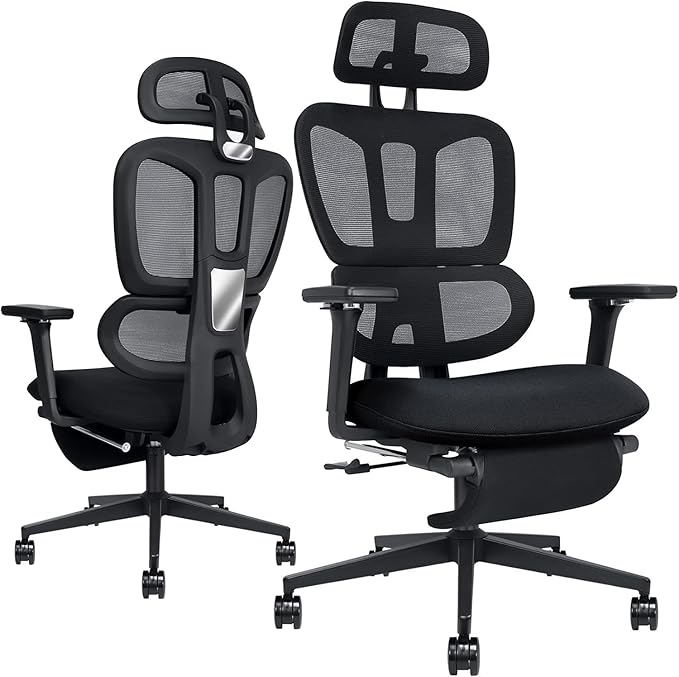 Ergonomic Office Chair with Foot Rest, High Back Computer Office Chair with Dynamic Lumbar Support, 2D Headrest, 4D Armrest, Sponge Seat, Mesh Home Office Desk Chair for Adults, Black