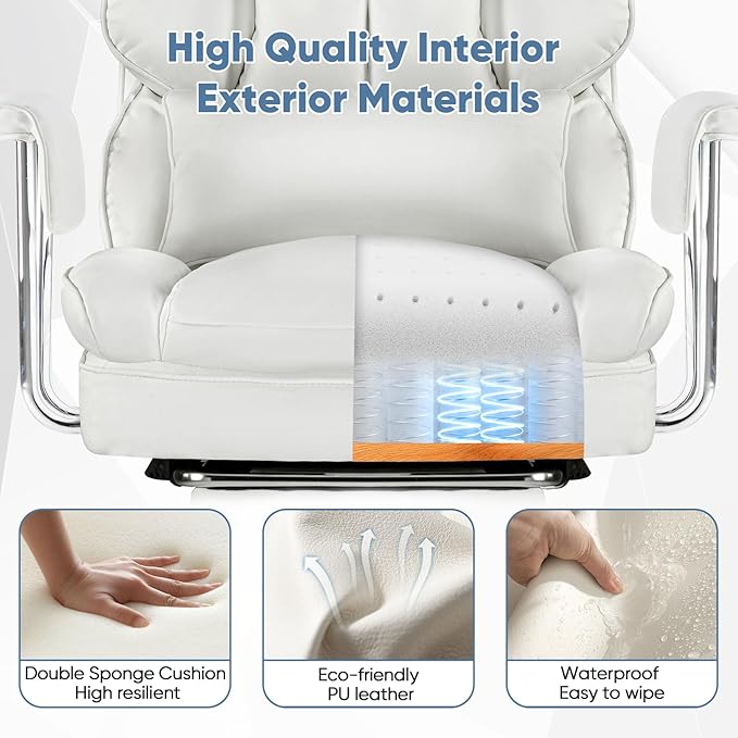 DUMOS Home Office Desk Executive Chair - Ergonomic Big Tall High Back with Footrest & Lumbar Support, Reclining Height Adjustable, Comfy PU Leather Computer Gaming with Swivel Wheels, White