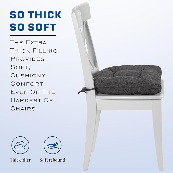 SQUARE MOON D-Shaped 3" Thick Chair Cushions, Chair Pads for Dining Chairs and Kitchen Chairs, Indoor Dining Room Seat Cushions with Ties, Machine Washable, 17" x 16" x 3", 4/Pack, Dark Grey