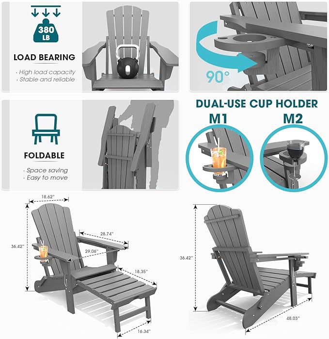 THOEOE Adjustable Adirondack Chair with Retractable Ottoman, HDEP Folding Adirondack Chairs with Footrest 2-in-1 Cup Holder, All Weather Outoor Fire Pit Chair with Foot Rest Set 2 Grey
