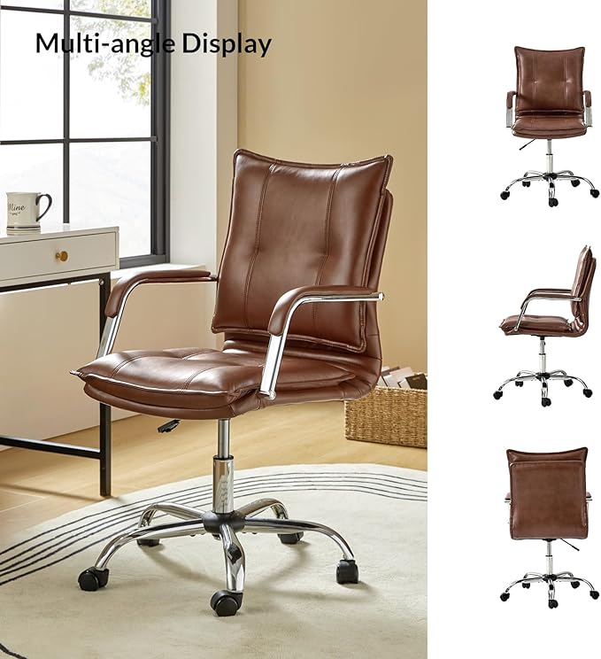 HULALA HOME Faux Leather Home Office Desk Chair, Adjustable Swivel Computer Chair with Sliver Legs and Arms, Comfy Upholstered Task Chair(Brown)