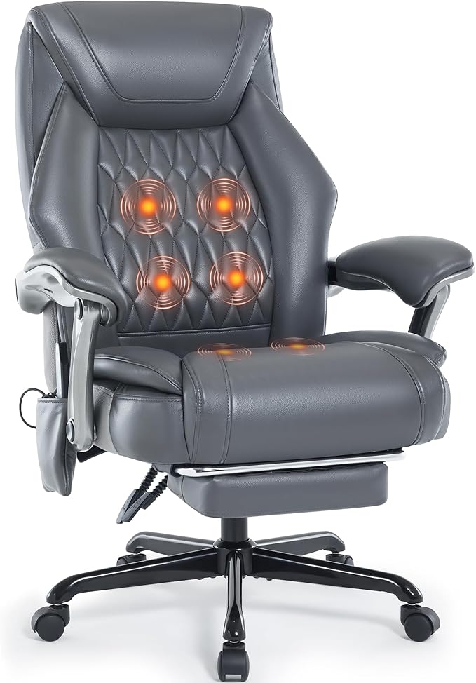 Massage Office Chair with Heat & Foot Rest, 6 Points Vibration, Ergonomic Executive Reclining Desk Chair, PU Leather Padded Seat for Home Office Comfort