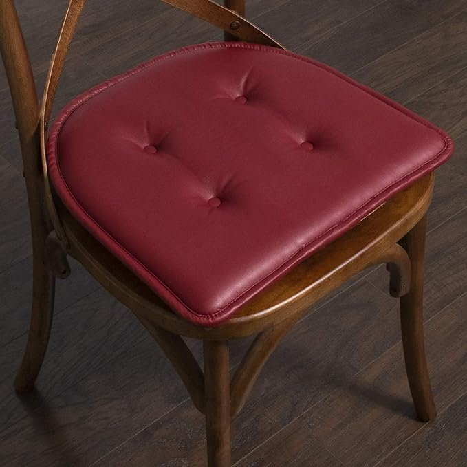 Sweet Home Collection Chair Cushion Memory Foam Pads Tufted Slip Non Skid Rubber Back U-Shaped 17" x 16" Seat Cover, 2 Pack, Faux Leather Burgundy Red, (Pack of 3)