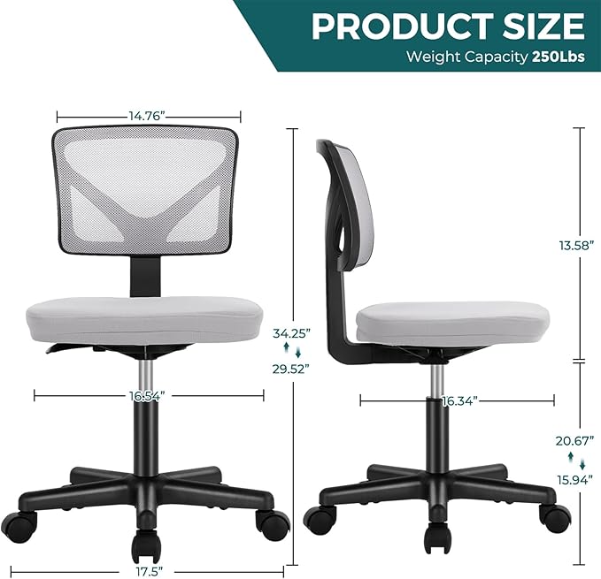 DUMOS Small Office Chairs with Wheels, Ergonomic Adjustable Home Desk Swivel Rolling Task Chair No Arms, Comfy Mesh Mid Back Computer Work Vanity Desk Chairs for Small Spaces, Dark Grey