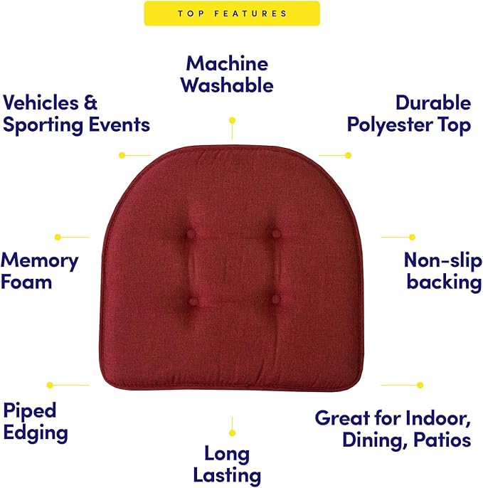 Sweet Home Collection Chair Cushion Memory Foam Pads Tufted Slip Non Skid Rubber Back U-Shaped 17" x 16" Seat Cover, 6 Pack, Wine Burgundy
