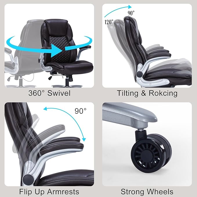 Big and Tall Office Chair, Ergonomic Desk Chair with Flip-up Arms, PU Leather Office Chair for Home Office, Computer Chair with Adjustable Lumbar Support, Space Saving Executive Task Chair