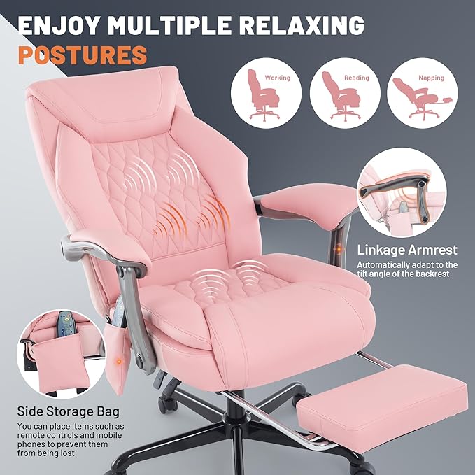 Massage Office Chair with Heat & Foot Rest, 6 Points Vibration, Ergonomic Executive Reclining Desk Chair, PU Leather Padded Seat for Home Office Comfort