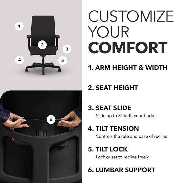 HON Ignition 2.0 Mid Back Task Chair, Spectrum Mesh, Advanced Synchro-Tilt Control, Office Chair with Lumbar Support, Height and Width Adjustable Arms, Black Frame, Onyx