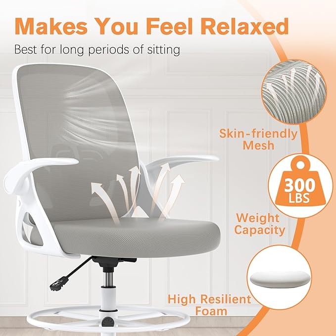ORRSAKER Drafting Chair Tall Office Chair for Standing Desk, Breathable Mesh Ergonomic Computer Desk Chair with Flip-Up Armrests, Adjustable Lumbar Support and Footrest Ring,300 LBS，Gray