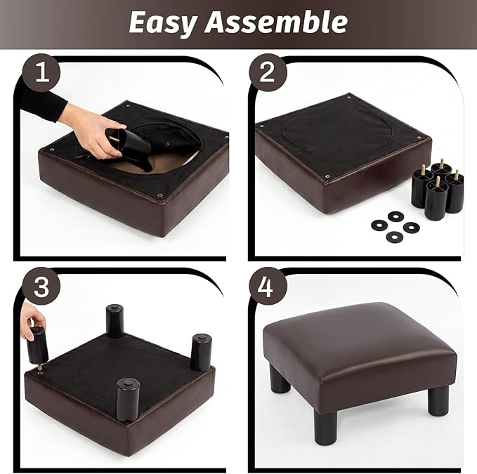Joveco Small Foot Rest Stool Ottoman, 15" Leather Footrest Square Footstool with Non-Skid Plastic Legs, for Chair, Under Desk, Office, Living Room, Brown
