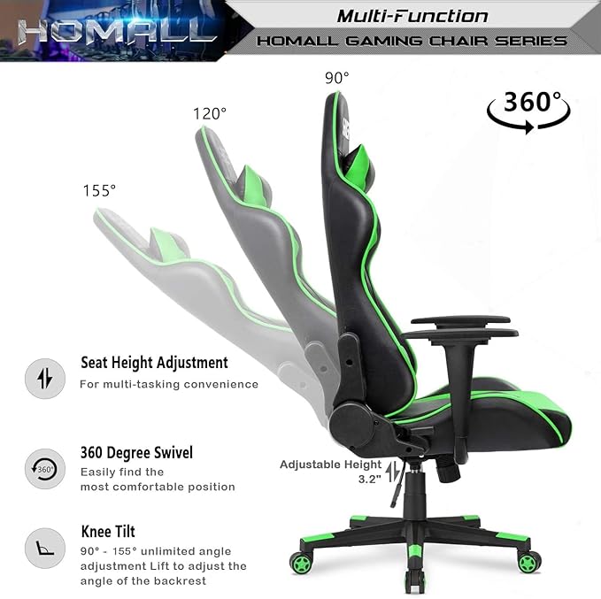 Homall Gaming Chair, Office Chair High Back Computer Chair Leather Desk Chair Racing Executive Ergonomic Adjustable Swivel Task Chair with Headrest and Lumbar Support (Green)