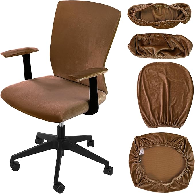 Tallew 4 Pcs Office Chair Covers Set Computer Universal Protective Stretchable Chair Seat Covers Desk Armrest Slipcovers Pads Office Cushion Backrest for Rotating(Brown)