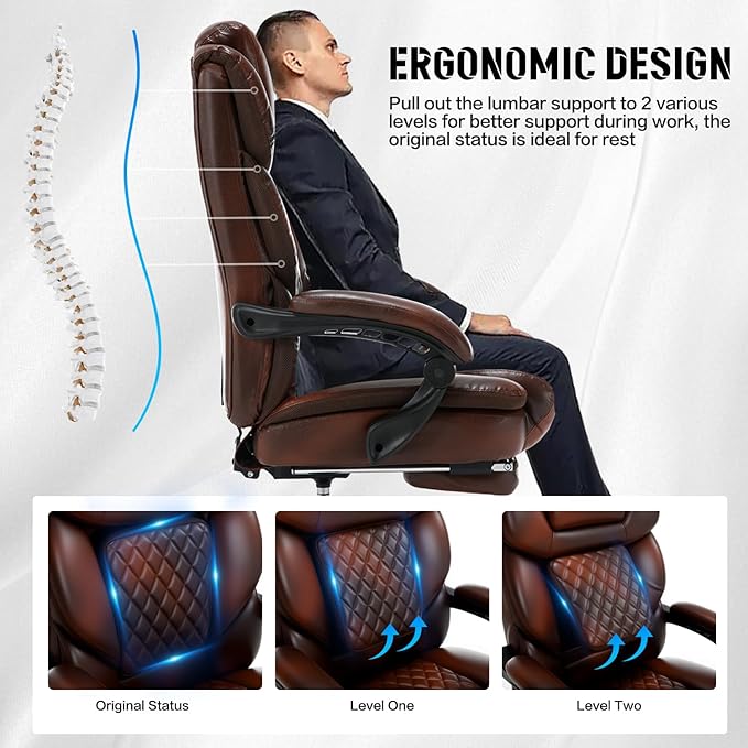 Big and Tall Recliner Office Chair with Footrest, Wide Seat Heavy Duty Reclining Office Desk Chair for 500lbs Heavy People, Black Brown