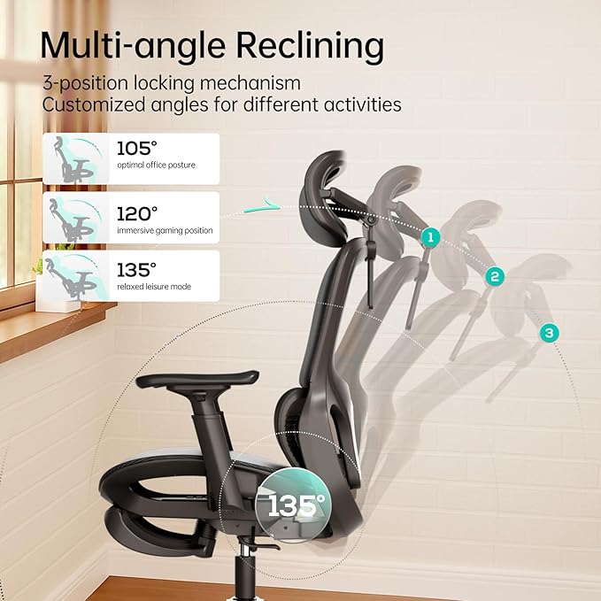 Hbada P2 Ergonomic Office Chair, Office Chair with 3D Lumbar Support, Mesh Chairs with 3D 360° Rotation Arm & 3D Headrest, 135° Stepless Tilt Function, Black(with Footrest)