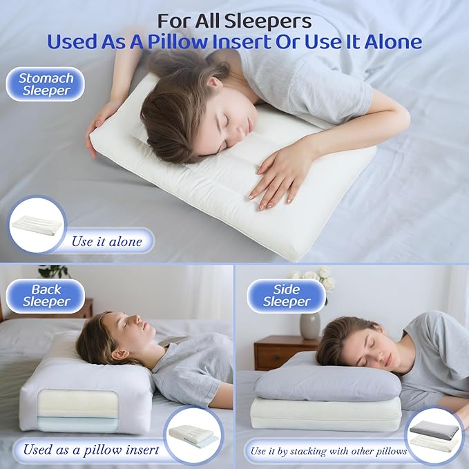Flat Pillow - Ultra Thin & Adjustable Low Pillow for Side Back Stomach Sleepers, Relief Neck & Shoulder Pain, Customizable Support with Baffle Box Design to Hold Shape, Cotton Cover as Insert