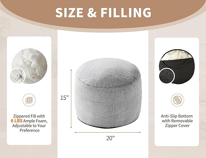 WSOFRLAC Boho Ottoman Living Room Furniture 20"x15" Large Round Ottomans Pouf Couch Foot Rest Grey Pouf Ottoman Foot Rest with Foam Chunk Filling Pouffe Ottomans Stuffed Foot Rest Poufs for Couch