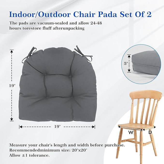 Wolfbird Outdoor Chair Cushions Set of 2 Waterproof Patio Furniture Cushions with Ties 19x19+5” Thicken Outdoor Seat Cushions Indoor/Outdoor Dining Chairs Pads FadeShield Rocking Chair Cushion, Grey