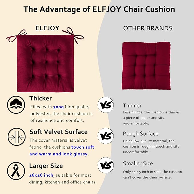 ELFJOY 4 Pack Chair Cushions for Dining Chairs Chair Pads Cushion for Kitchen Office Tufted Square Seat Cushion with Ties (16" Burgundy Velvet)
