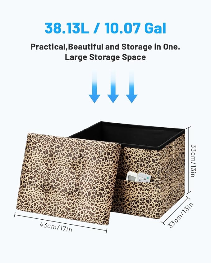 Bsketa Storage Ottoman Foot Rest Stool, Small Velvet Storage Ottomans Bench, Folding Footstool with Side Pockets, Foot Rest Under Desk for Living Room Bedroom, 17x13x13 in, Leopard Print