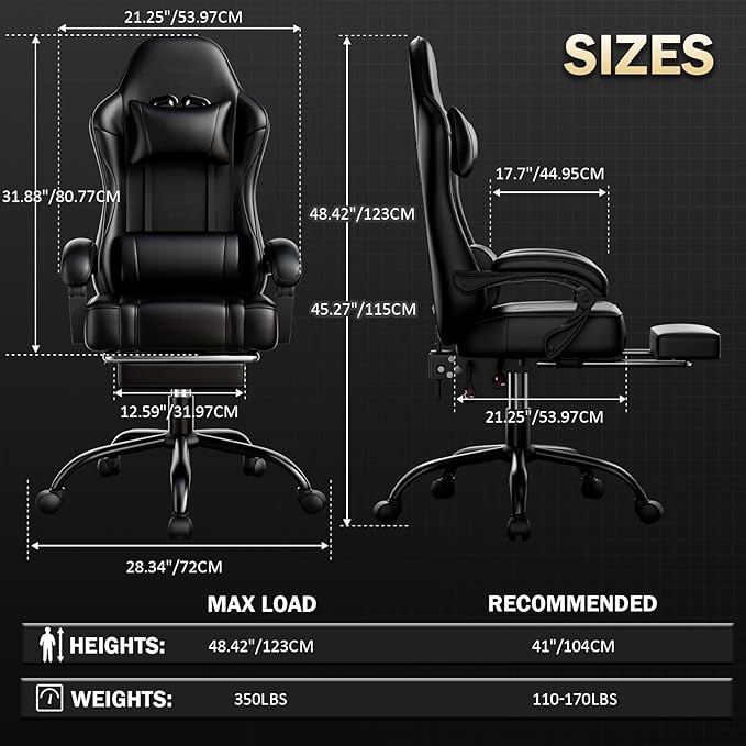 Ergonomic Gaming Chair, Video Game Chair with Pocket Spring Cushion and Footrest, Height Adjustable Computer Chair with Swivel Seat and Headrest (Black)