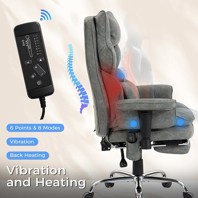 Big and Tall Massage Office Chair with Heat, Extra Wide Double-Layer Pocket Spring Cushion, High Back Reclining Gaming Chair with Adjustable Armrests & Footrest, Heavy Duty Ergonomic Chair, Gray