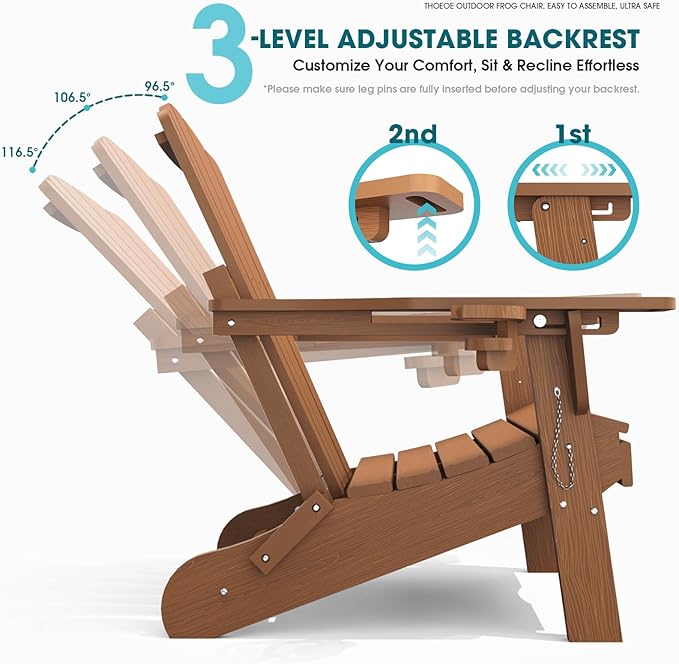 THOEOE Adjustable Adirondack Chair with Retractable Ottoman, HDEP Folding Adirondack Chairs with Footrest 2-in-1 Cup Holder, All Weather Outoor Fire Pit Chair with Foot Rest Set 4 Wood