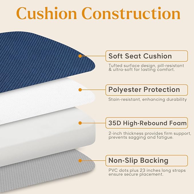 2 Pack Navy Blue Chair Cushions with Ties Removable Covers, D-Shape Dining Kitchen Chair Seat Pads Non Slip 17"x16"