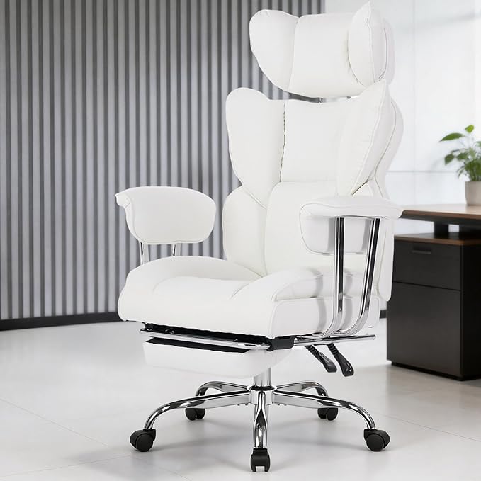 DUMOS Big and Tall Office Chair 350 LBS, Scratch-Resistant PU Leather Executive Office Desk Chair with Footrest, Ergonomic Reclining Computer Chair with Pocket Spring Support for Home Office, White