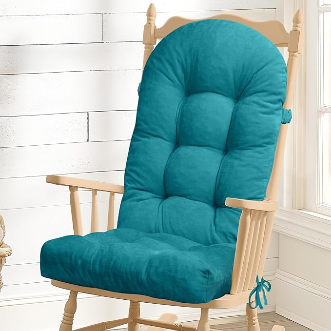Rocking Chair Cushion - Chenille Fabric, High-Density Sponge, Durable Comfort Double-Sided Tufted Seat Pads with Ties, Chenille︱Blue, 44x19x4 inch