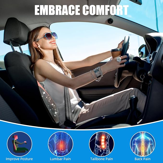 Lumbar Support Pillow with Diamond, Memory Foam Lumbar Pillow for Office Chair for Lower Back Pain Relief, Car Lumbar Support for Driving Seat, Back Support Pillow for car Chair (Pink)
