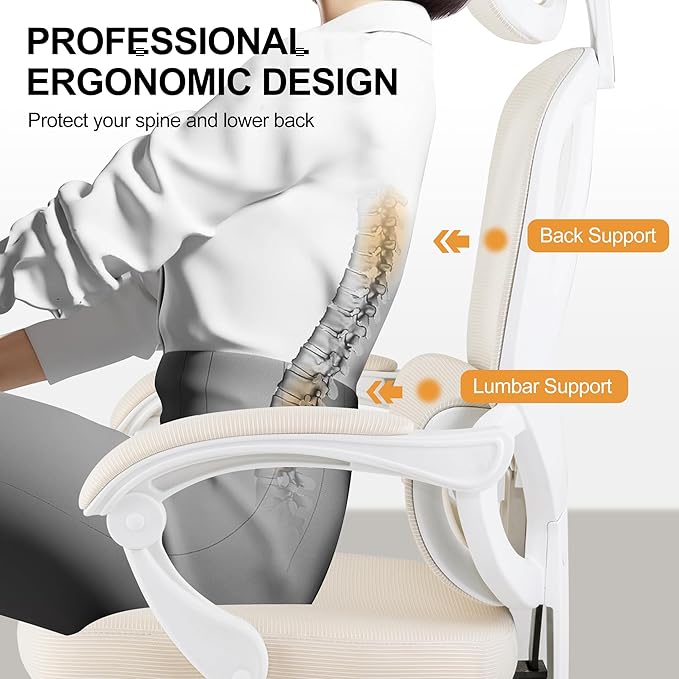 Mesh Ergonomic Office Chair with Footrest,90-135 Comfy Reclining Chairs,Home Office Desk Chair with Adjustable Lumbar Support & Headrest, High Back Computer Chair (Beige)